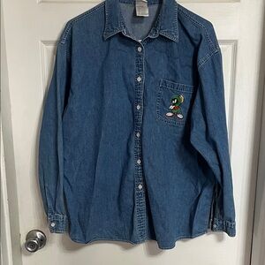 Vintage Y2K Marvin the Martian Denim Button Up Looney Tune